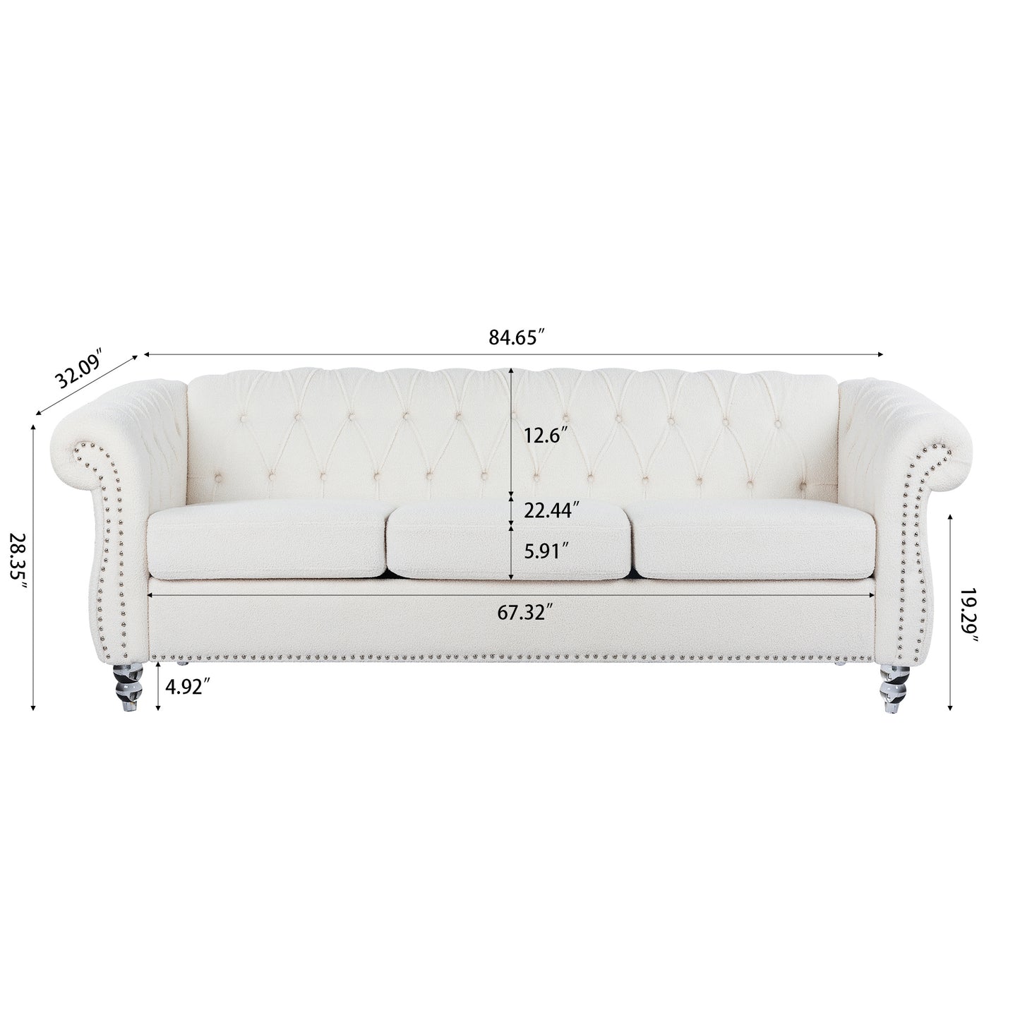 84.65" rolled arm chesterfield 3 seater sofa