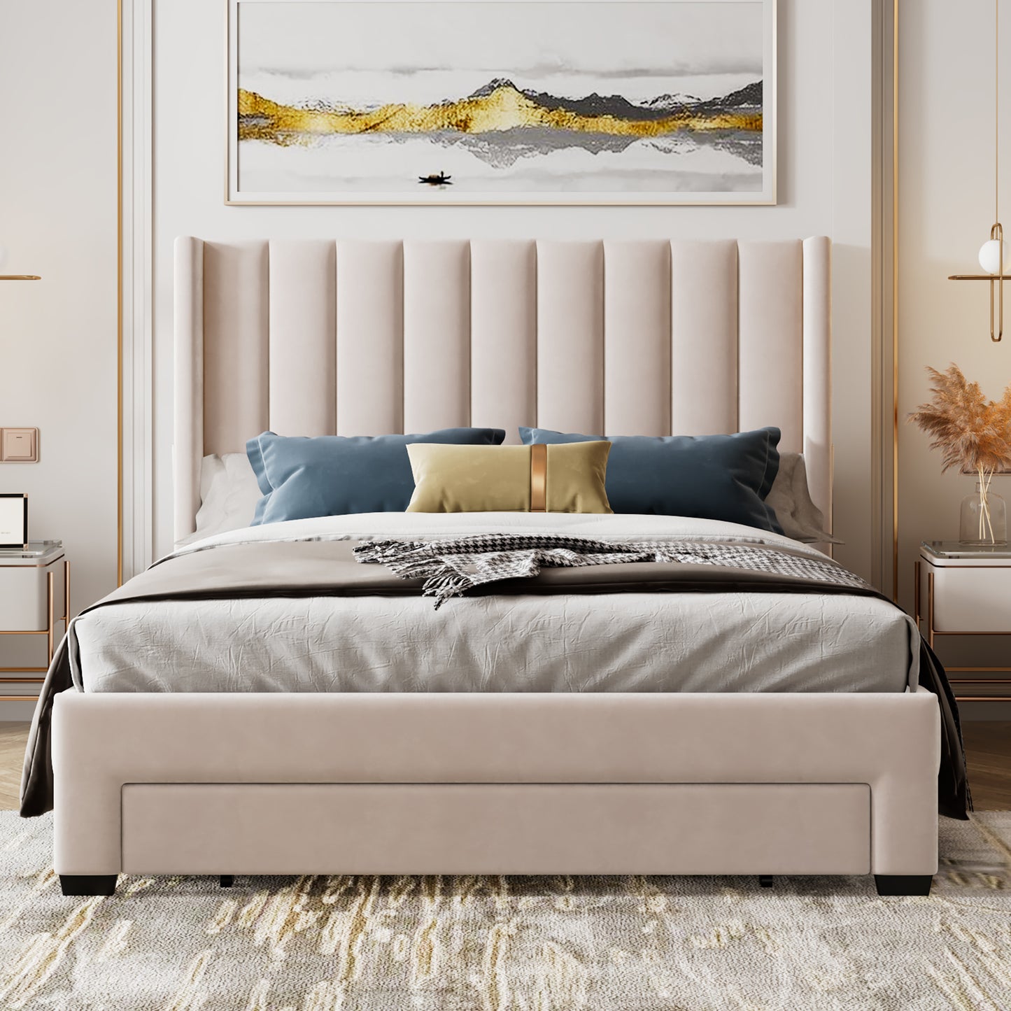 queen size storage bed velvet upholstered platform bed with a big drawer - beige