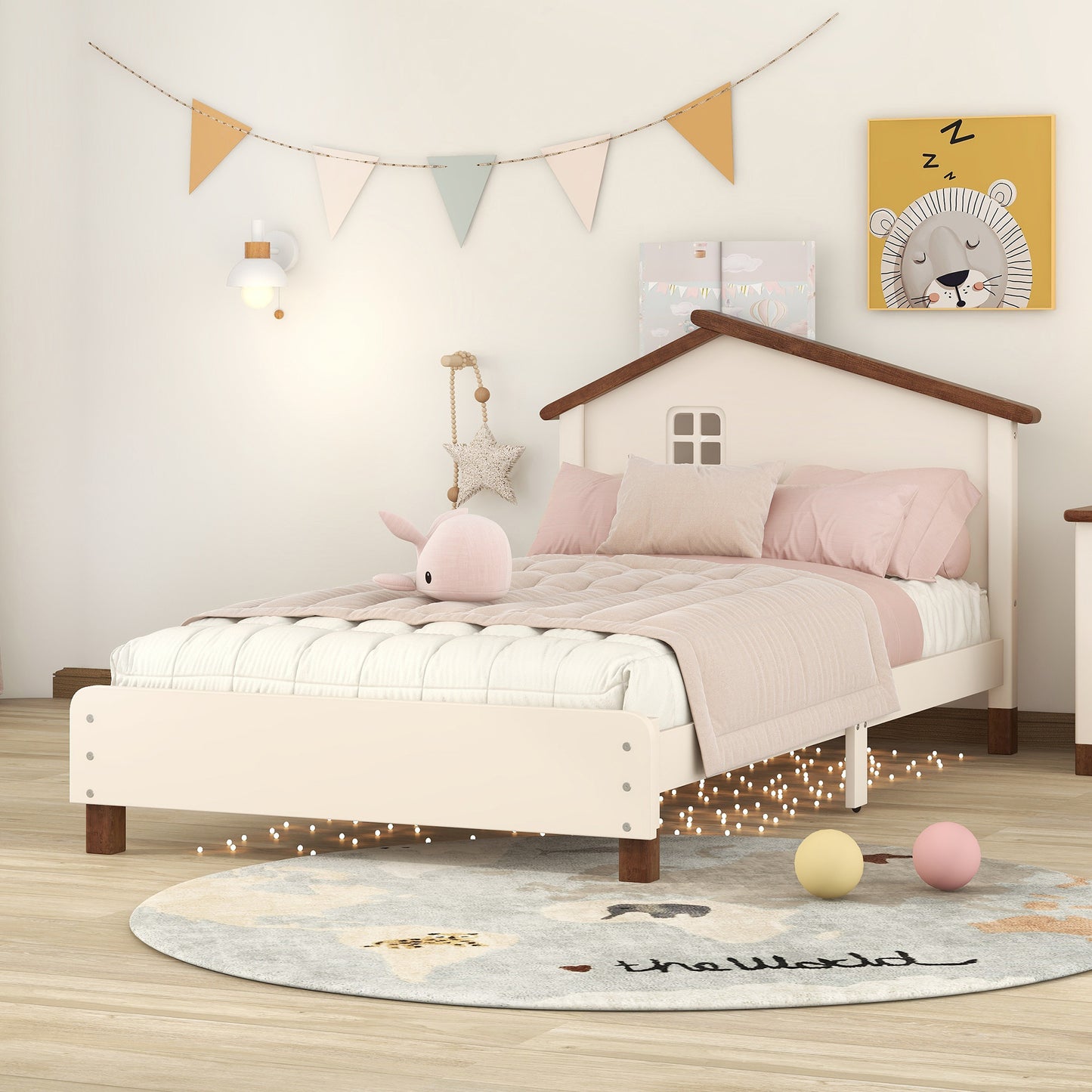 wood platform bed with house-shaped headboard (cream+walnut)