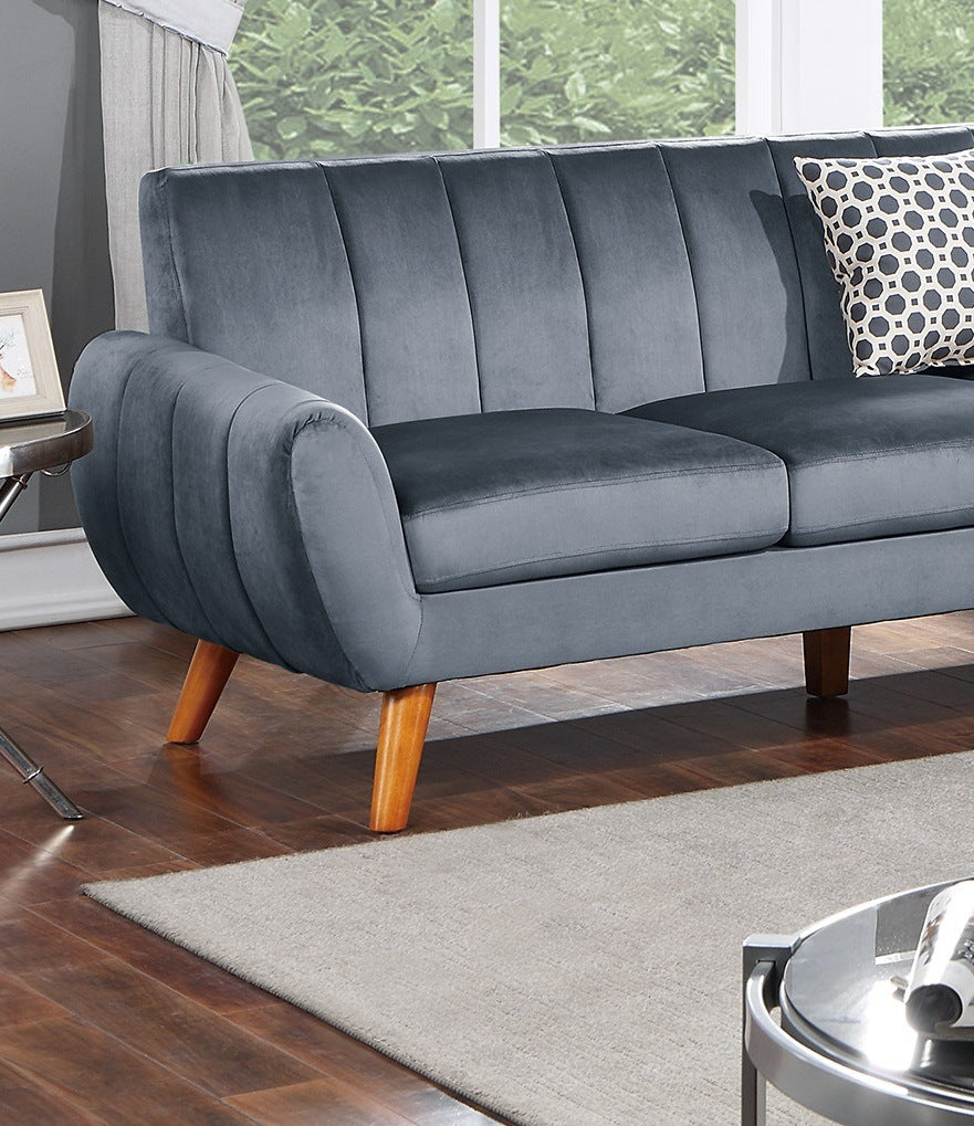 contemporary 2-pcs sectional set living room furniture dark gray velvet couch left facing sofa, right facing loveseat wedge plush cushion