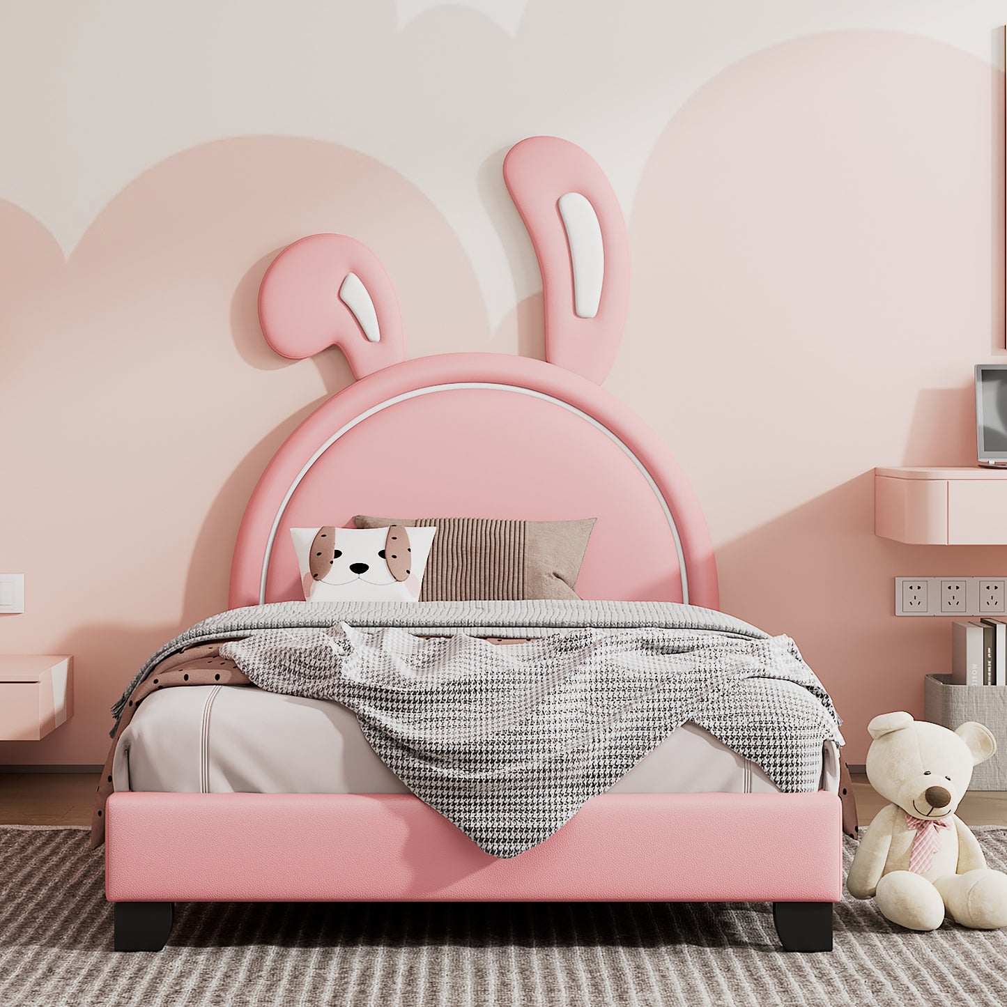 twin size upholstered leather platform bed with rabbit ornament, pink