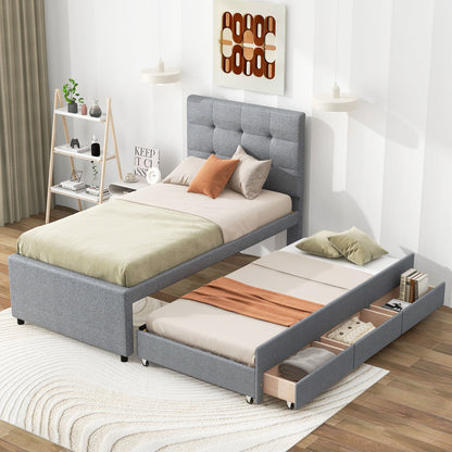 Upholstered Platform Bed with Pull-out Twin Size Trundle and 3 Drawers, Gray