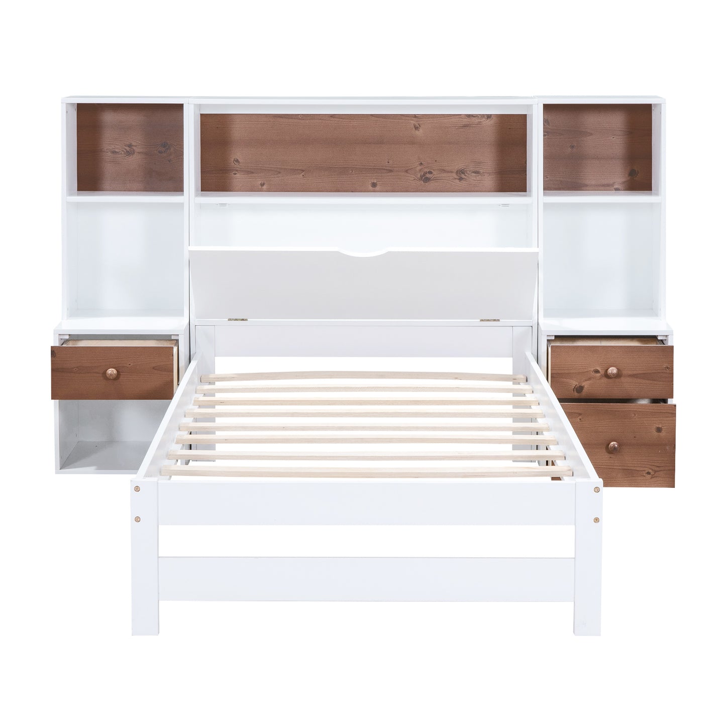 twin size platform bed with storage headboard and drawers, white