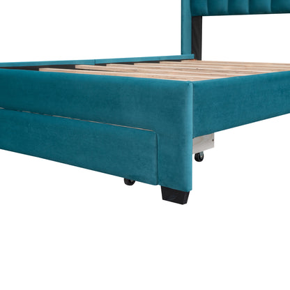 Danny Velvet Upholstered Platform Bed with a Big Drawer - Blue