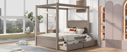 Wood Canopy Bed with two Drawers, Light Brown