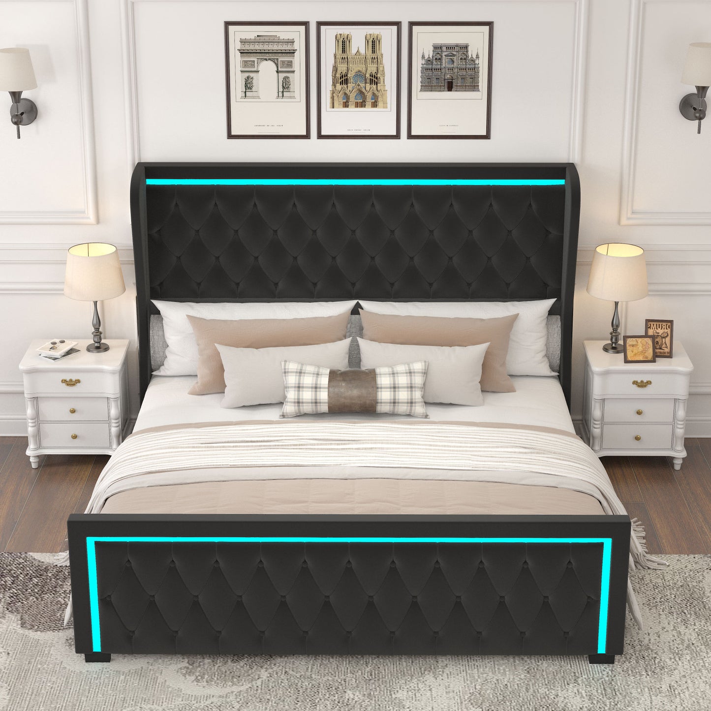 velvet upholstered bed with deep tufted buttons & adjustable colorful led light, black