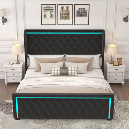 Velvet Upholstered Bed with Deep Tufted Buttons & Adjustable Colorful LED Light, Black