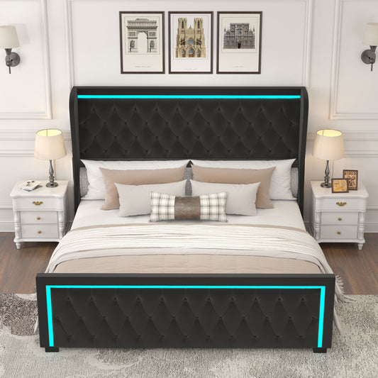 Velvet Upholstered Bed with Deep Tufted Buttons & Adjustable Colorful LED Light, Black