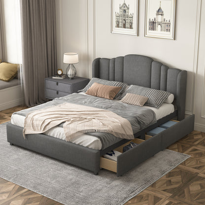 Upholstered Platform Bed with Wingback Headboard and 4 Drawers, Gray