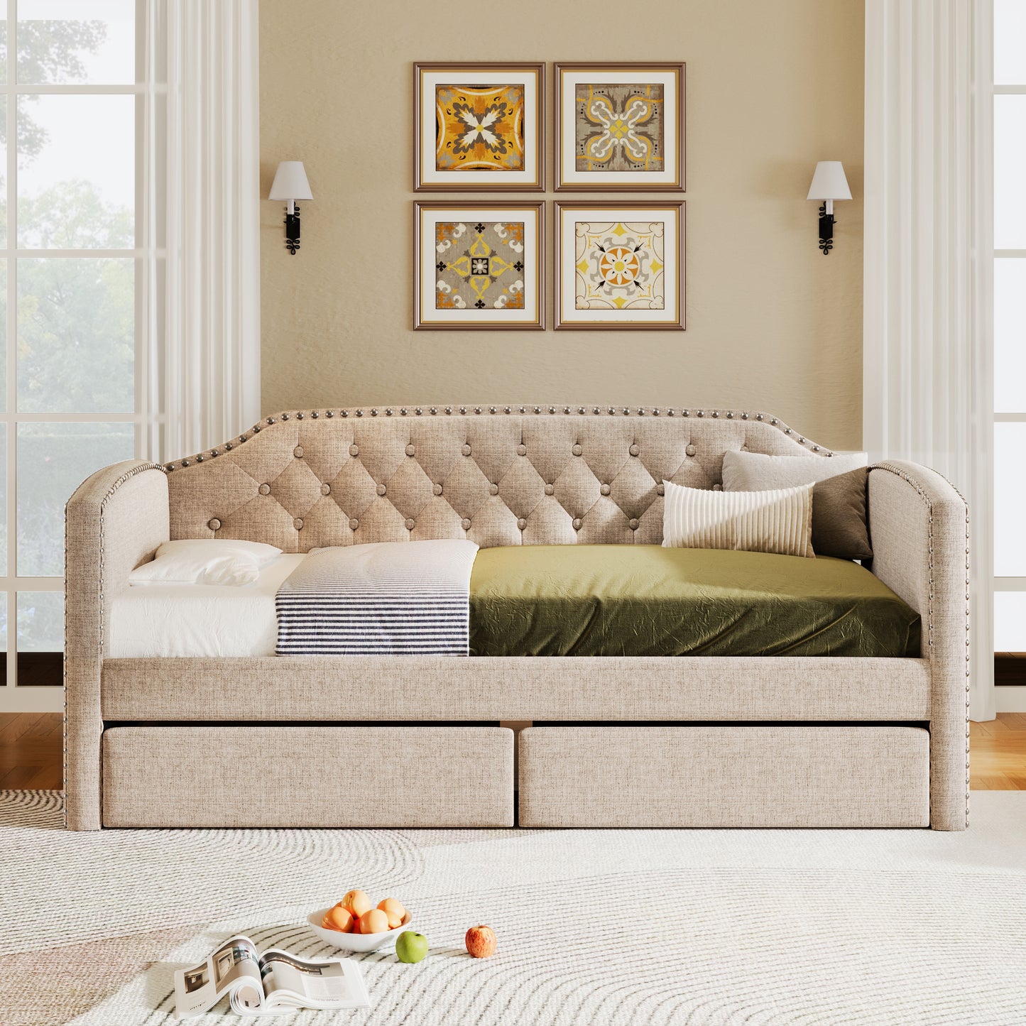 kim upholstered bed with drawers, beige
