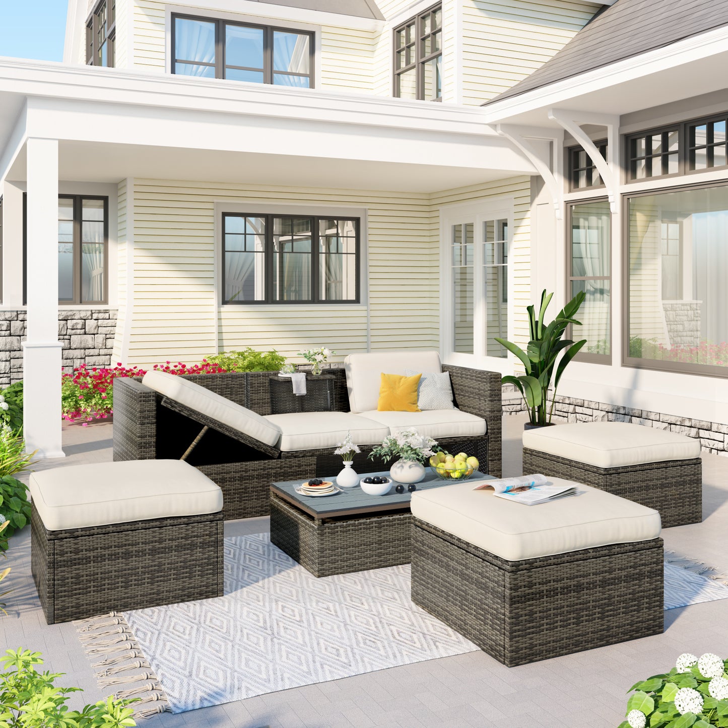 5-piece patio wicker sofa set cushions; ottomans and lift top coffee table included