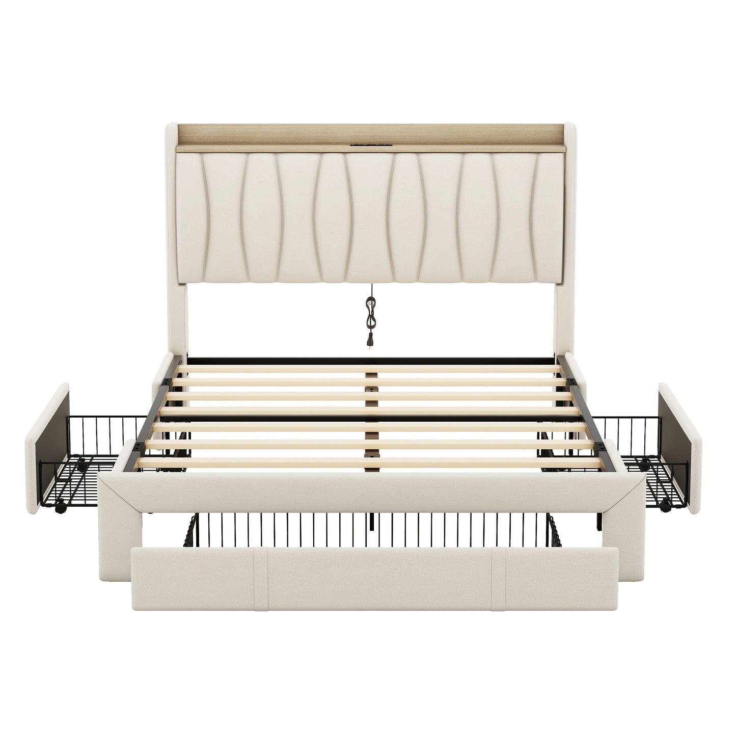 queen size bed frame with storage headboard and charging station, beige