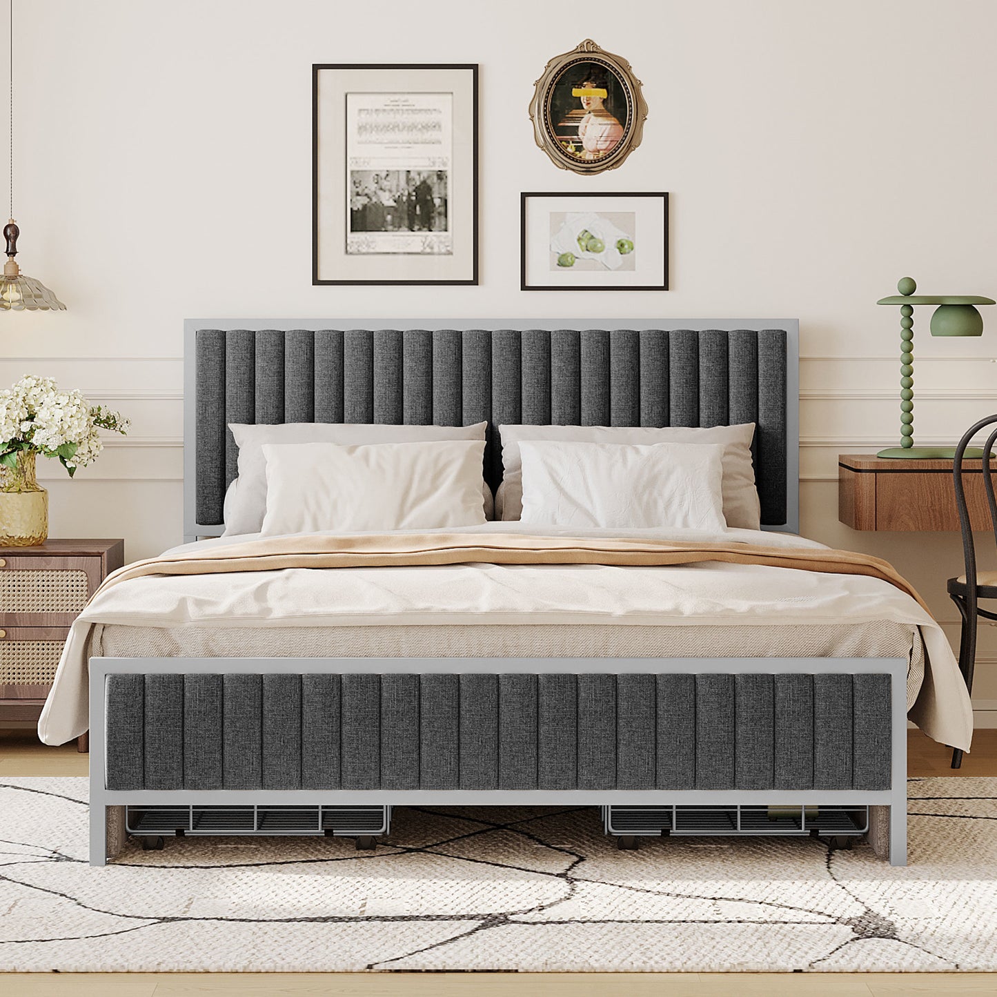 queen size metal frame upholstered bed with 4 drawers, linen fabric, gray