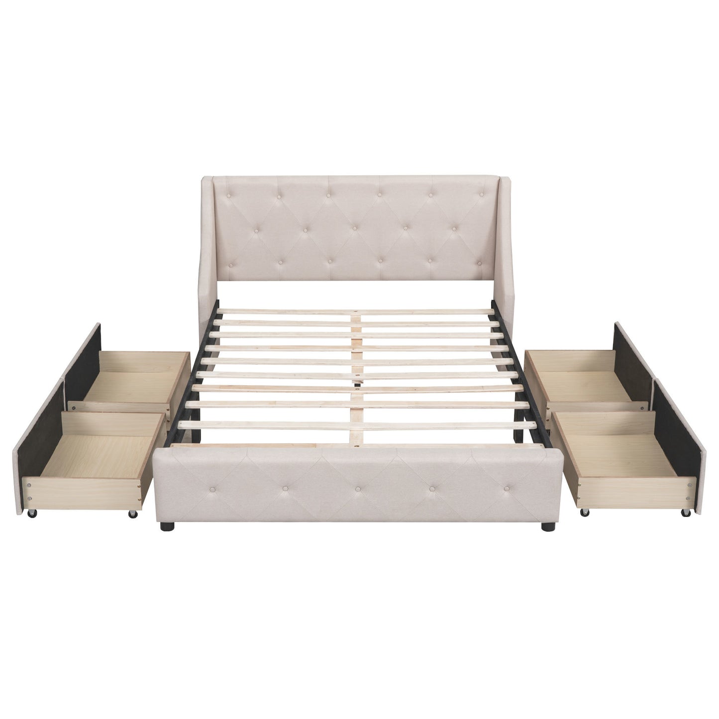 upholstered platform bed with wingback tufted headboard and 4 drawers, beige