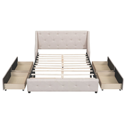 Upholstered Platform Bed with Wingback Tufted Headboard and 4 Drawers, Beige