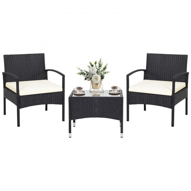 3 pieces patio wicker rattan furniture set with cushion