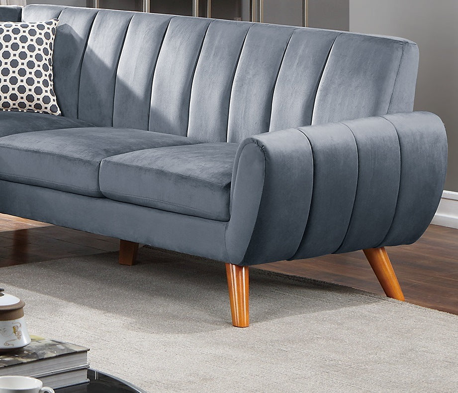 contemporary 2-pcs sectional set living room furniture dark gray velvet couch left facing sofa, right facing loveseat wedge plush cushion