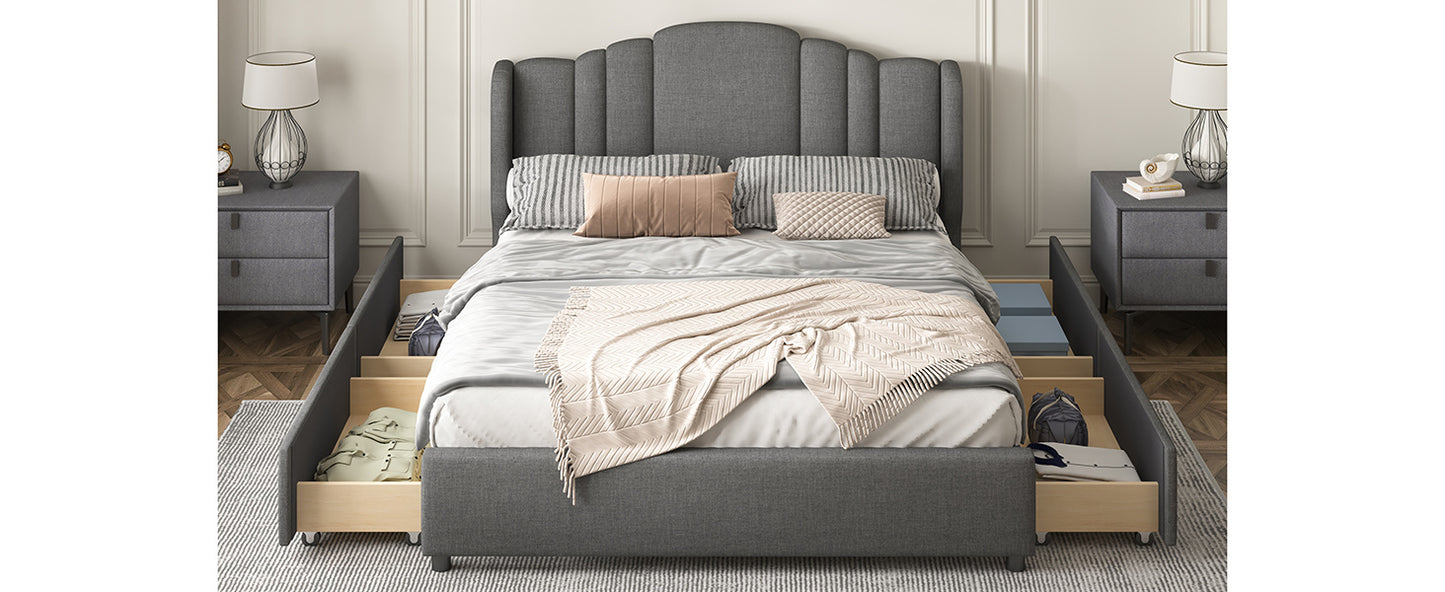 upholstered platform bed with wingback headboard and 4 drawers, gray
