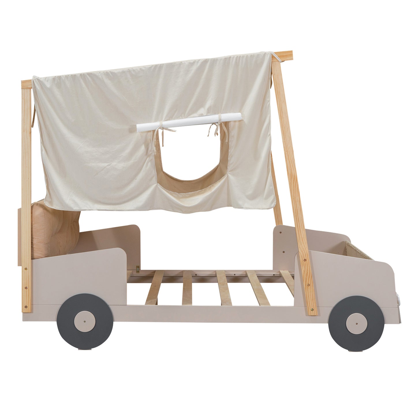 wooded car bed with pillow, ceiling cloth and led lights