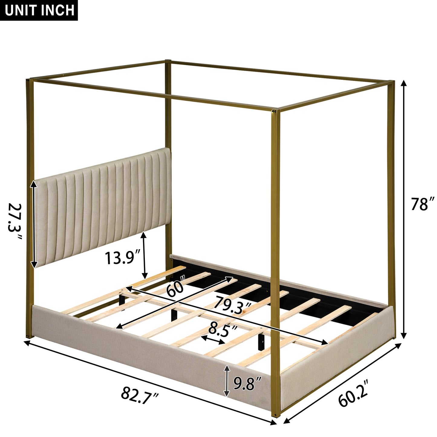 queen size upholstery canopy platform bed with headboard and metal frame, beige