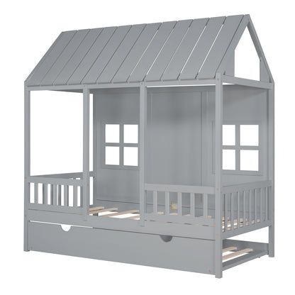 Wood House Bed With Twin Size Trundle, Gray