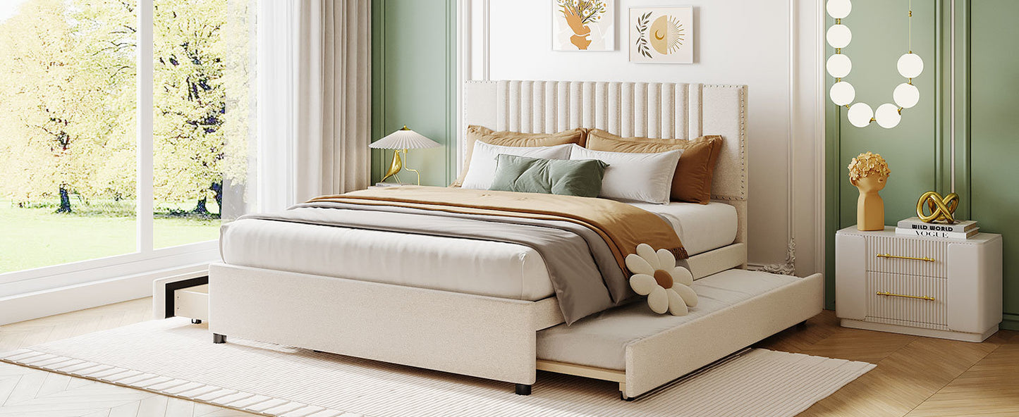 queen size upholstered platform bed with 2 drawers and 1 twin xl trundle, beige