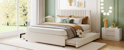 Queen Size Upholstered Platform Bed with 2 Drawers and 1 Twin XL Trundle, Beige