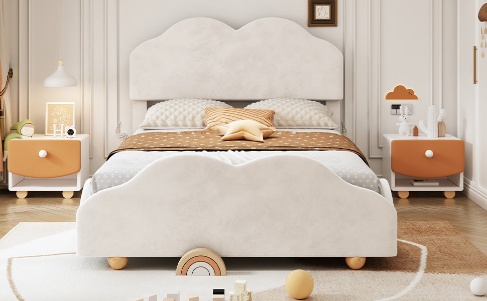 upholstered bed with cloud shaped bed board, beige
