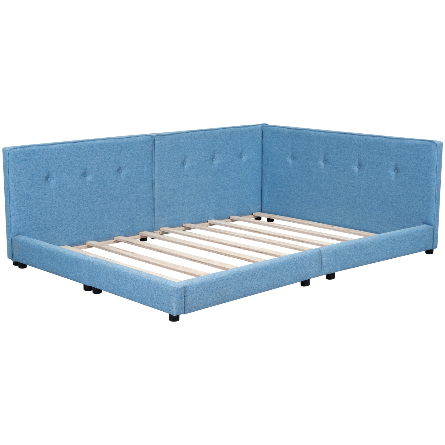 upholstered queen size platform bed with usb ports, blue