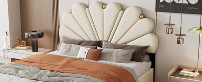 Upholstered Petal Shaped Platform Bed with Hydraulic Storage System, PU Storage Bed, Beige