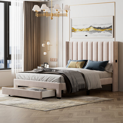 Velvet Upholstered Platform Bed with a Big Drawer
