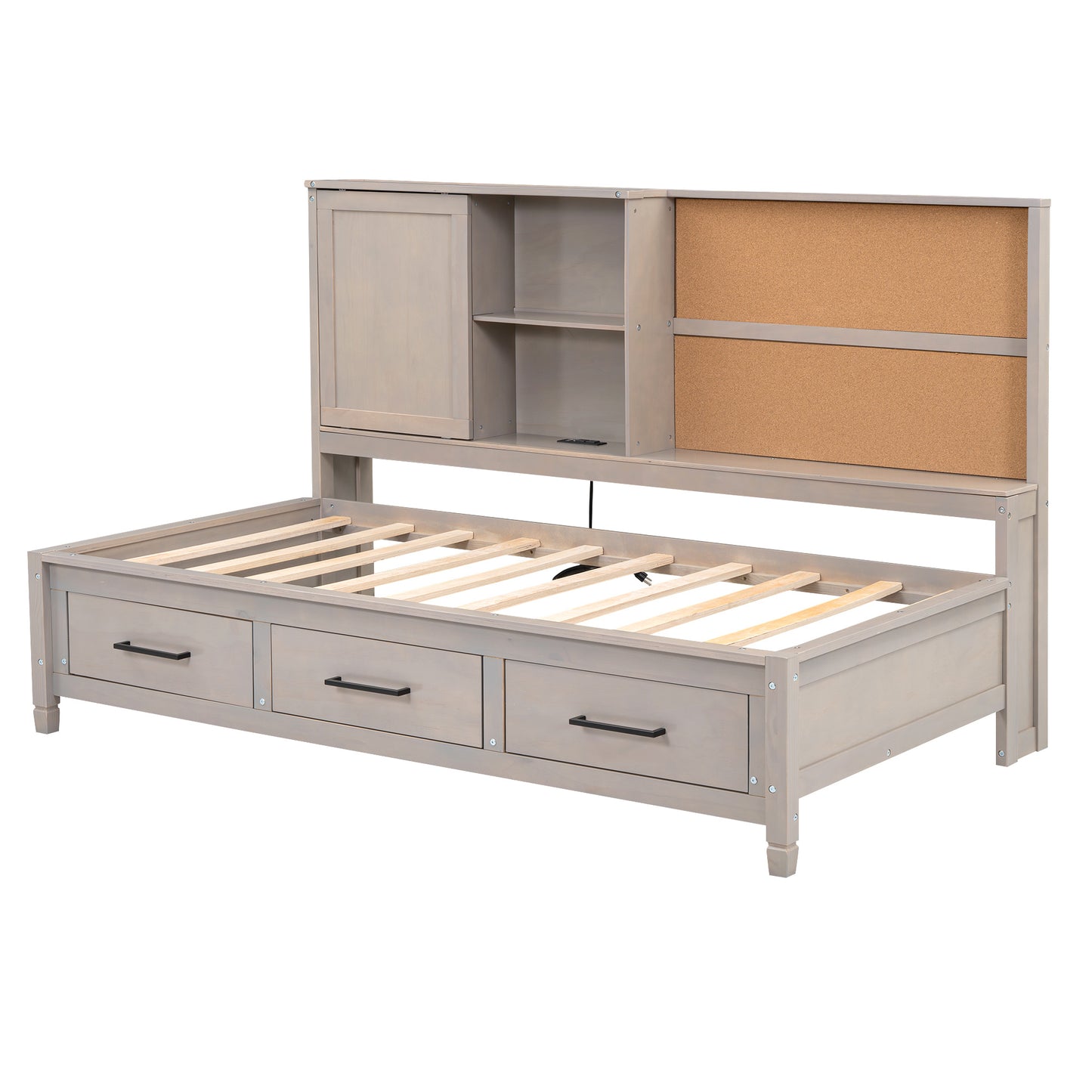 twin size lounge daybed with storage shelves, cork board, usb ports and 3 drawers, antique gray