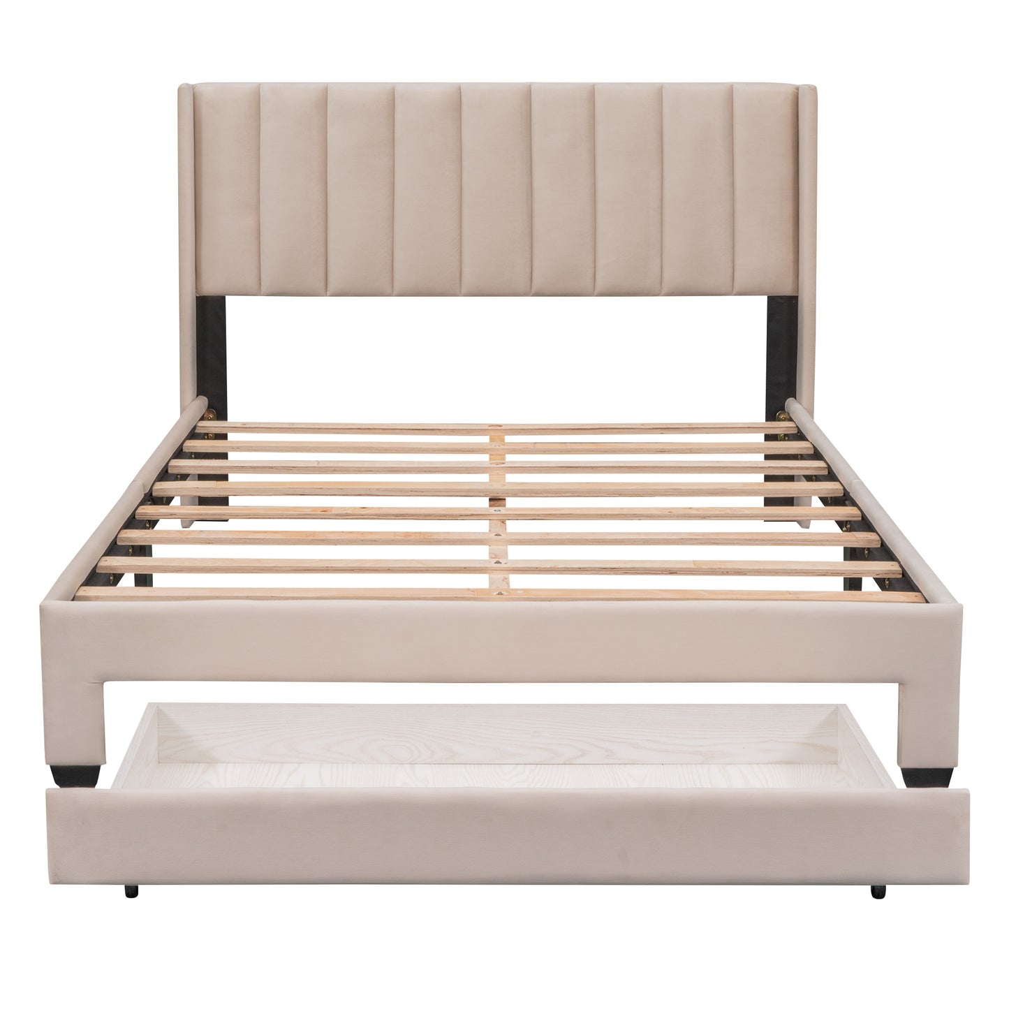 velvet upholstered platform bed with a big drawer