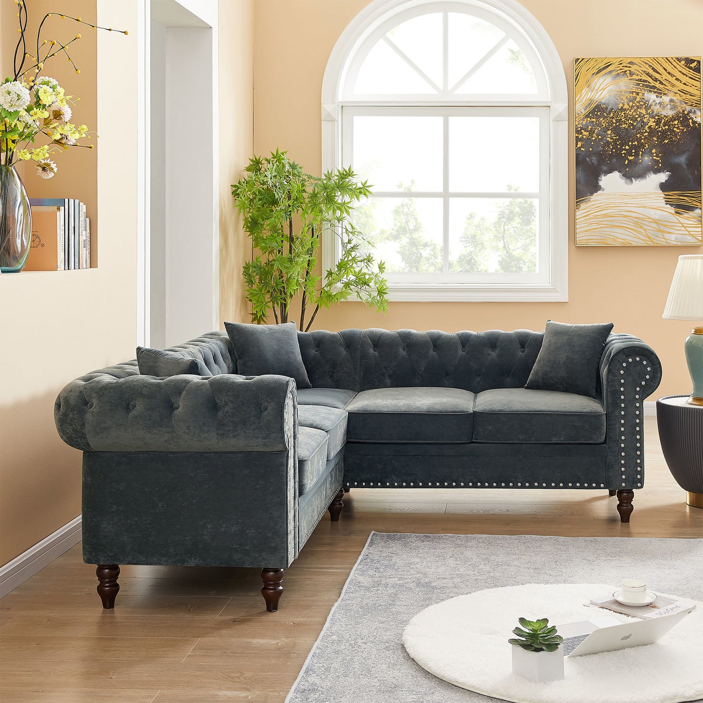 moe upholstered sectional, grey velvet
