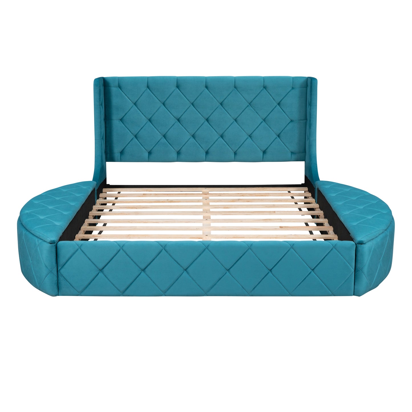 upholstered platform storage velvet bed with wingback headboard, blue