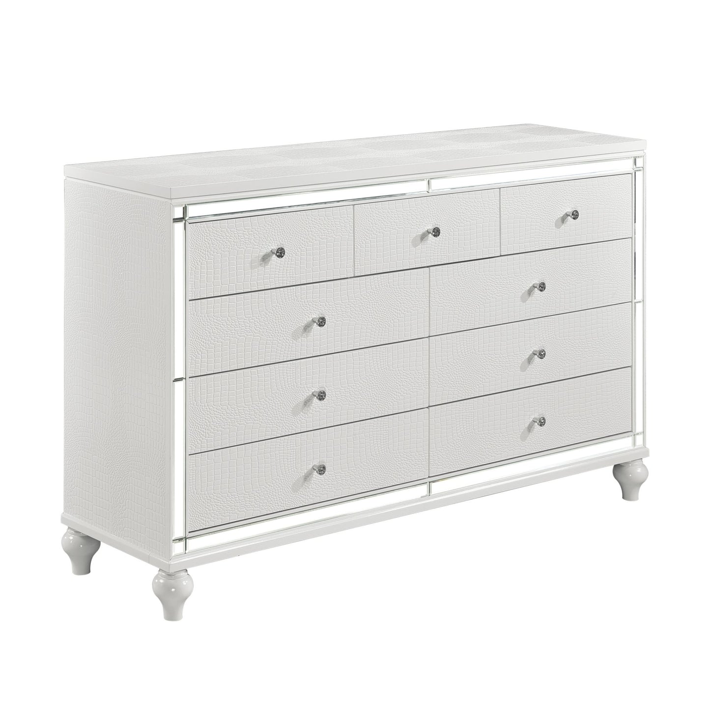 glamorous metallic white finish dresser of 9x drawers faux crystal knobs modern bedroom furniture