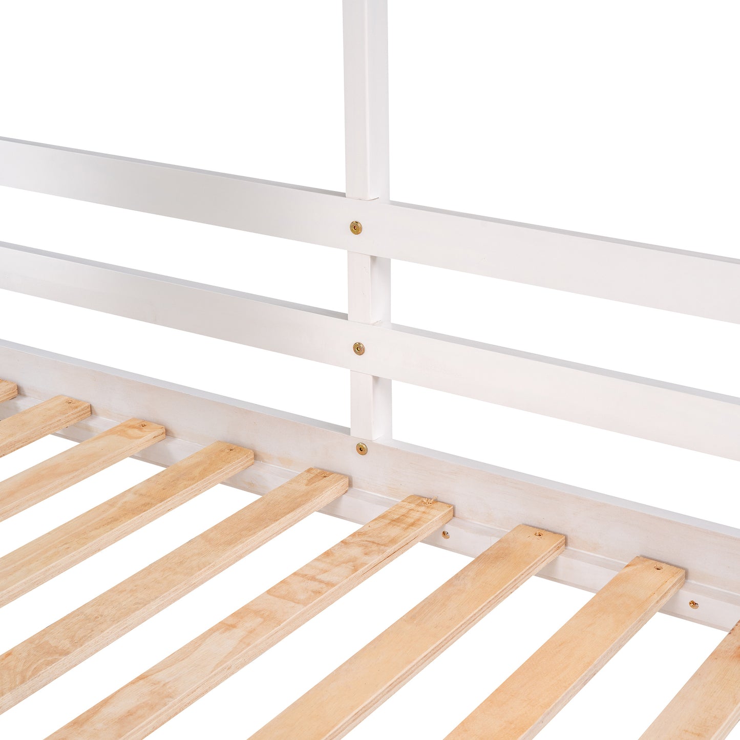 twin over twin bunk bed wood bed with roof, window, guardrail, and ladder