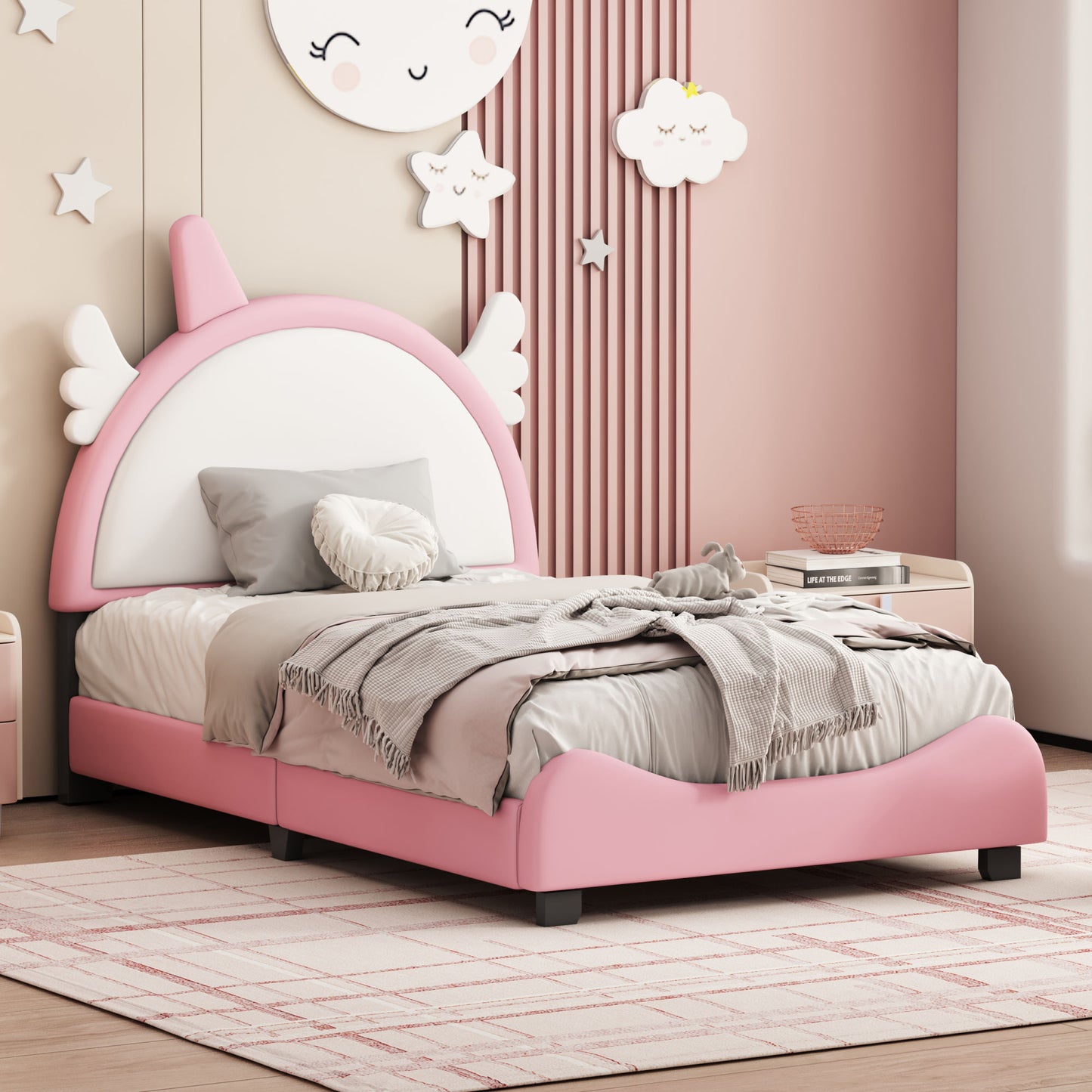 cute upholstered bed with unicorn shape headboard, white+pink