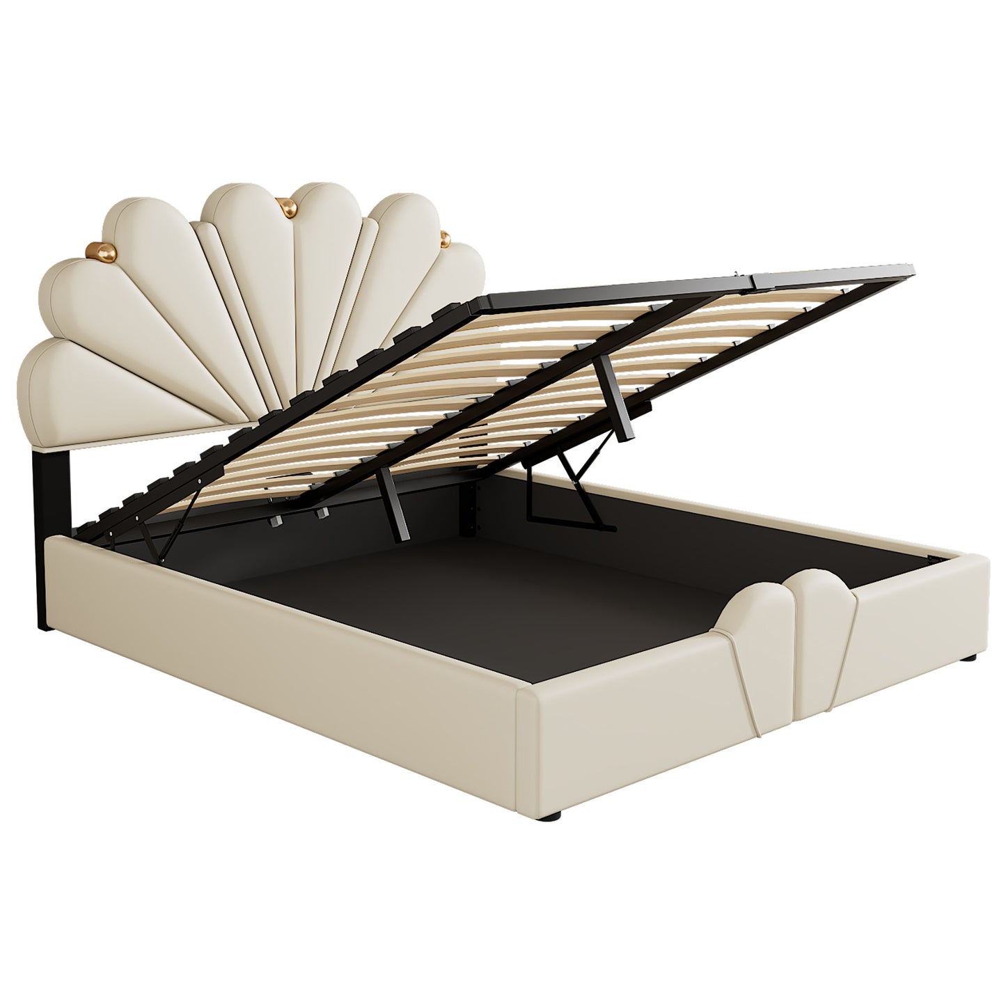 upholstered petal shaped platform bed with hydraulic storage system, pu storage bed, beige