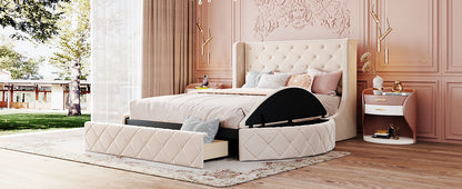 Upholstered Velvet Platform Bed with Wingback Headboard and 1 Big Drawer; 2 Side Storage Stool
