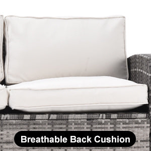 7 pieces outdoor sectional conversation sofa with dining table, chairs and ottomans, grey+beige