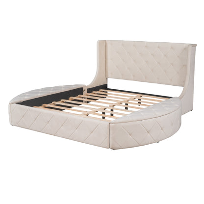 Upholstered Velvet Platform Bed with Wingback Headboard and 1 Big Drawer; 2 Side Storage Stool
