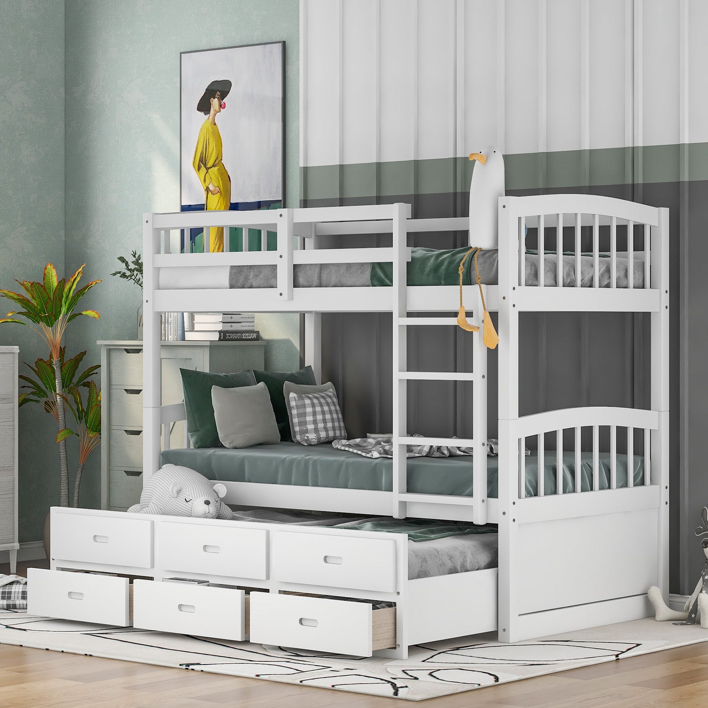 twin over twin wood bunk bed with trundle and drawers,white