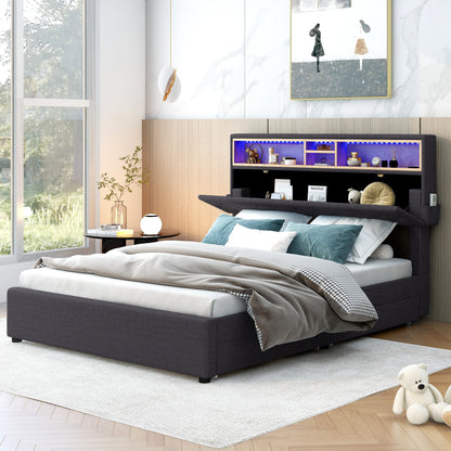 Full Size Upholstered Bed with Storage Headboard, LED, USB Charging and 2 Drawers, Dark Gray