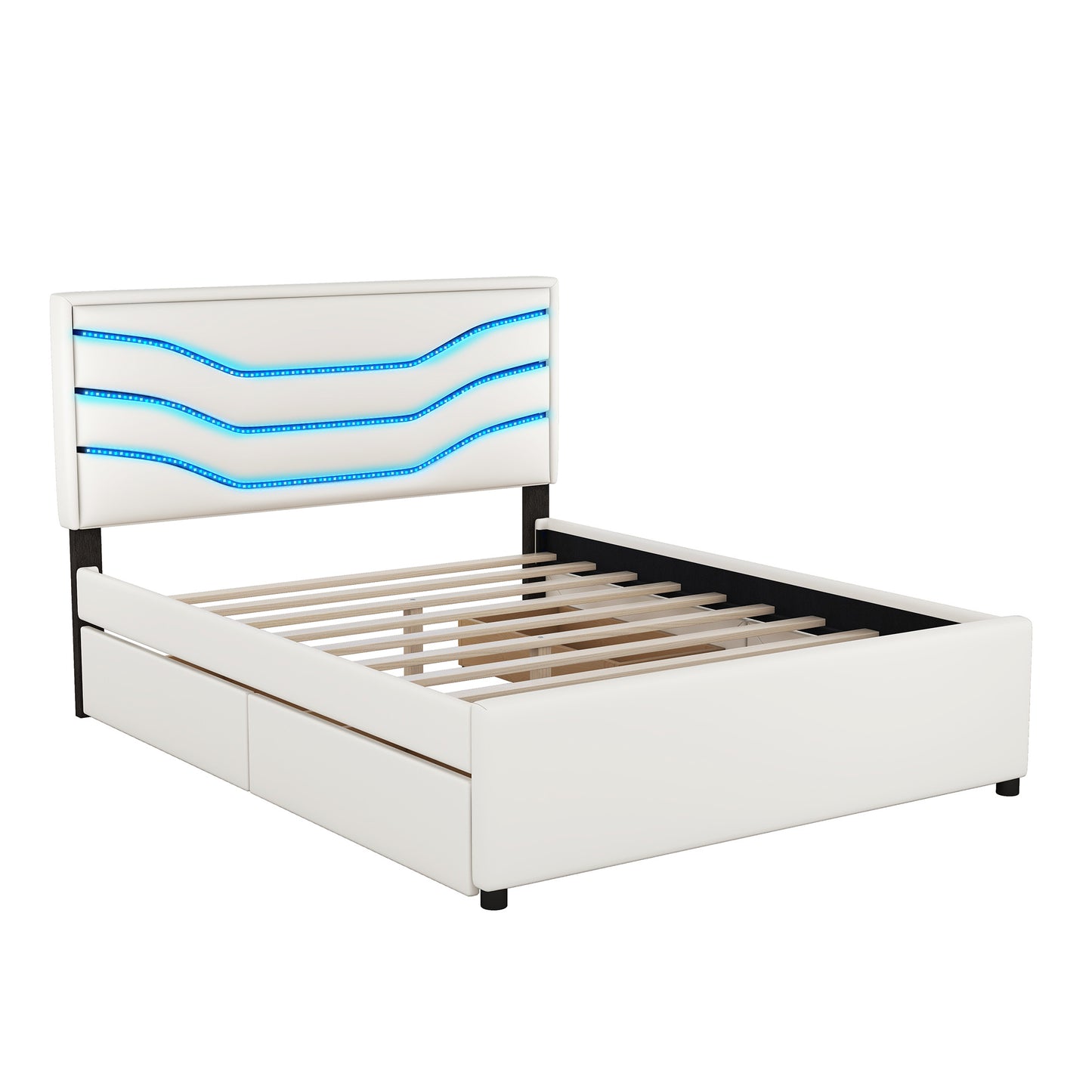 retro upholstered storage platform bed with led, 4 drawers and usb charging, white