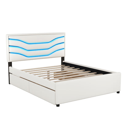 Retro Upholstered Storage Platform Bed with LED, 4 Drawers and USB Charging, White