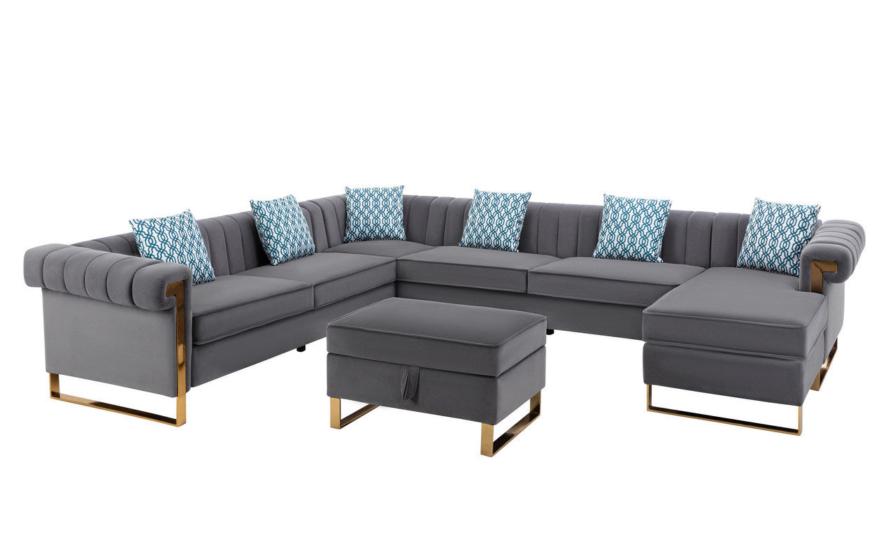 maddie  8-seater sectional sofa with reversible chaise and storage ottoman, velvet grey