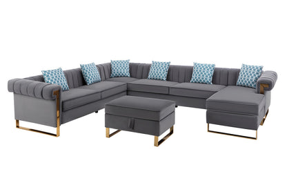 Maddie  8-Seater Sectional Sofa with Reversible Chaise and Storage Ottoman, Velvet Grey