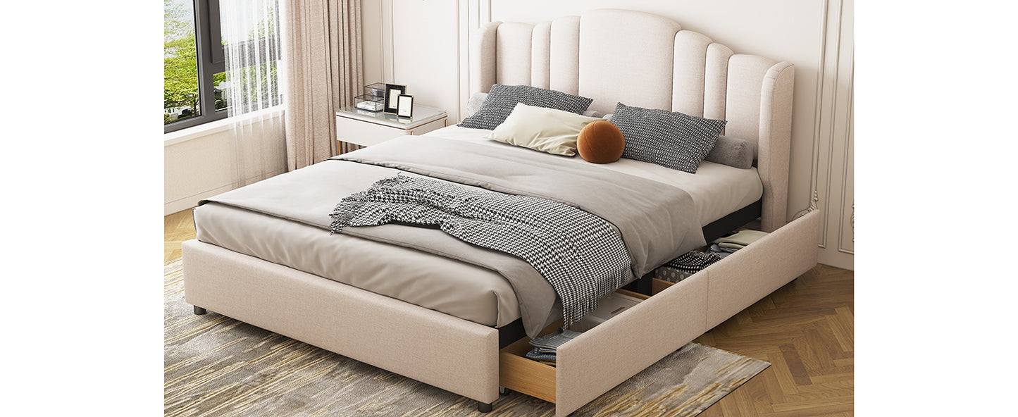 mie upholstered platform bed with wingback headboard and 4 drawers