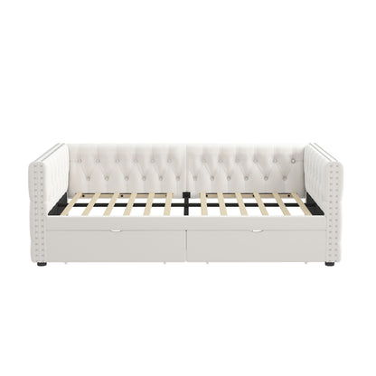 Velvet Upholstered Tufted Bed with Drawers, White